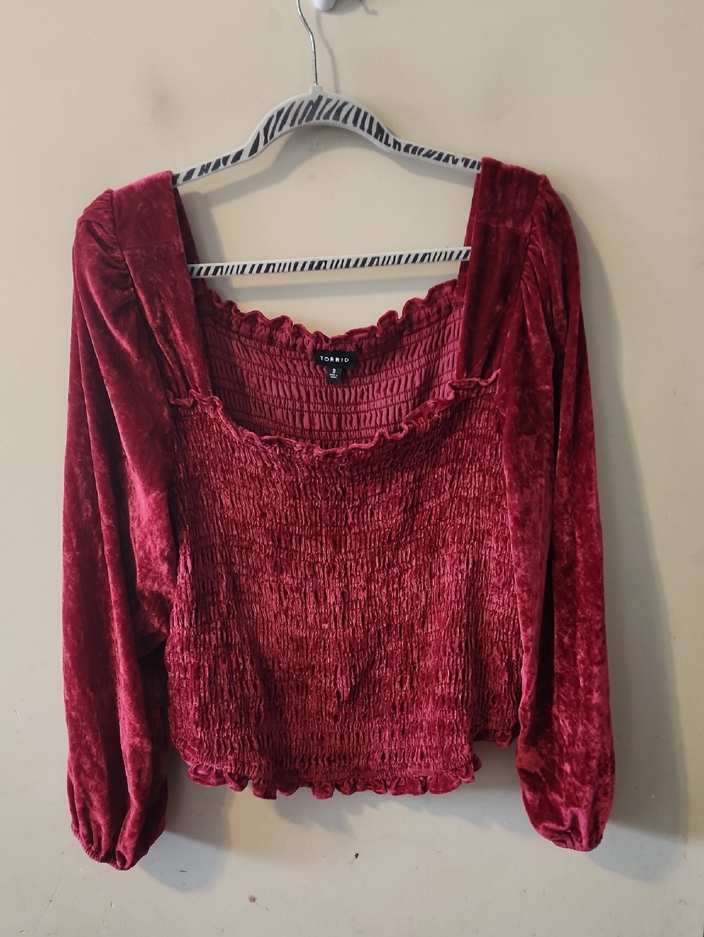 torrid Burgundy Crushed Velvet Smocked Long-Sleeve Top